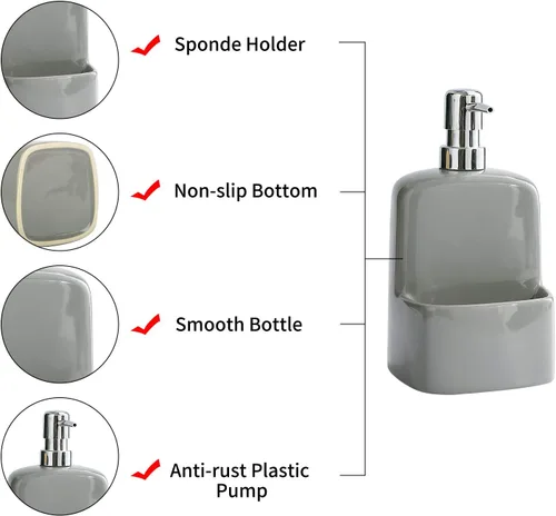 Miniatura 4 de Dispensador de jabón para platos, dispensador de jabón de cocina con soporte de esponja, dispensador de jabón de cerámica mate de 20 onzas para Gris