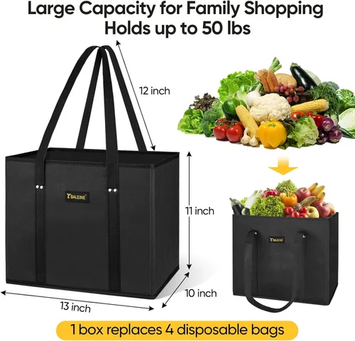 Miniatura 2 de BALEINE Paquete de 3 bolsas de comestibles reutilizables, bolsas de compras plegables para comestibles con parte inferior reforzada y asas (negro)