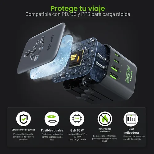 Miniatura 5 de Epicka Pulse Duo - Adaptador de viaje universal de 65 W, adaptador de corriente internacional con PD y QC 3.0 de carga rápida para 2 dispositivos