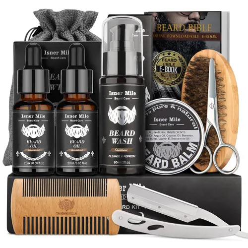 Miniatura 9 de Kit de cuidado de barba para hombres: con champú para barba - aceite - bálsamo - cepillo - peine - tijeras y bolsa de almacenamiento, Día del Padre