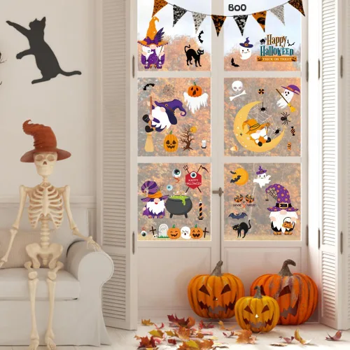Miniatura 8 de AUAUY Decoración de ventana de Halloween, 9 hojas, 70 unidades, calcomanías para ventana, imágenes de ventana de doble cara con calabaza
