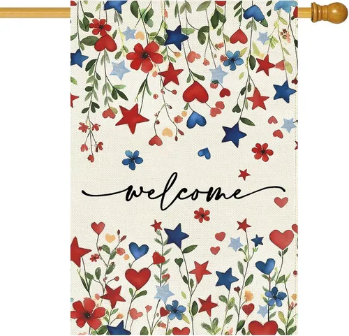 Miniatura 8 de Baccessor Bandera de Casa de Bienvenida de Verano 28 x 40 Pulgadas Divertida Bandera Floral Azul de Primavera para Jardín y Patio de Arpillera
