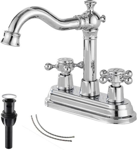 Miniatura 16 de Grifo de baño negro mate con 2 asas de 4 pulgadas, juego central de tocador de baño negro con montaje de drenaje y manguera de suministro grifo
