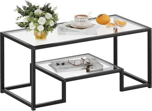 Miniatura 10 de Mesa de café Wolawu Mesa de café dorada de vidrio para sala de estar, mesa de centro rectangular de 2 niveles con tapa de vidrio acanalada y marco
