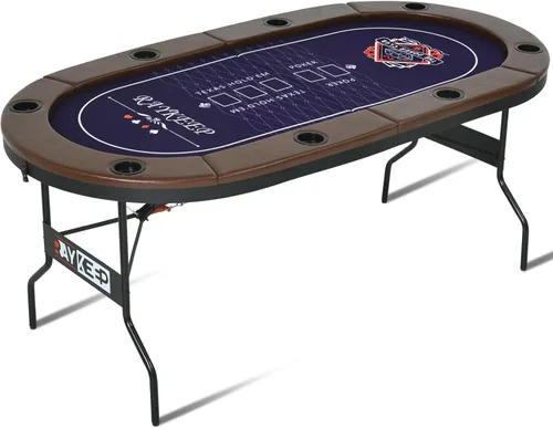 RAYKEEP Mesa de póquer plegable, mesas de póquer plegables para 8 jugadores con patas plegables, fieltro de grado casino, rieles acolchados y marrón