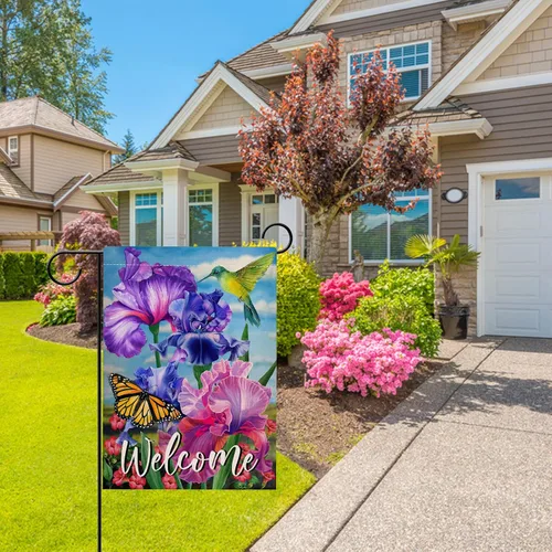 Miniatura 7 de Hzppyz Bandera de bienvenida para jardín de colibrí de primavera de doble cara, flor morada, pájaro amarillo, mariposa, decorativa, casa, patio