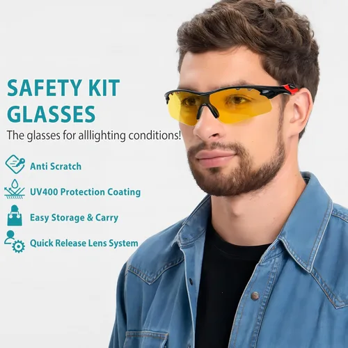 Miniatura 6 de Gafas de tiro con 5 lentes intercambiables y estuche de transporte, gafas de seguridad antivaho para caza, para hombres y mujeres Marco rojo