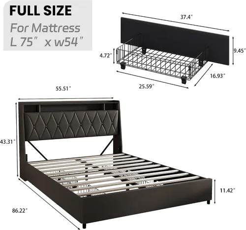Miniatura 2 de Base de cama Queen con cabecera ergonómica, base de cama de plataforma tamaño Queen con tomas de corriente y cargador, marco de cama de metal
