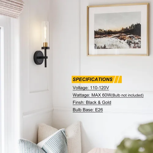 Miniatura 5 de Juego de 2 apliques de pared cableados negros y dorados, modernos apliques de tocador de baño con pantalla de vidrio transparente, luces de montaje