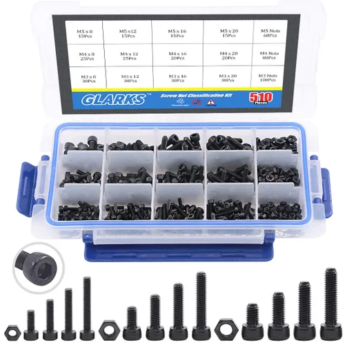 Glarks 510 piezas M3 M4 M5 Juego surtido de tornillos de cabeza avellanada con agujero hexagonal para llave Allen y tuercas de acero de aleación,