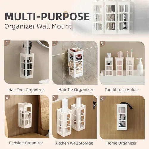 Miniatura 6 de Juego de 2 organizadores de herramientas para el cabello para montaje en pared, organizador de herramientas de pelo de baño colgante para rizador