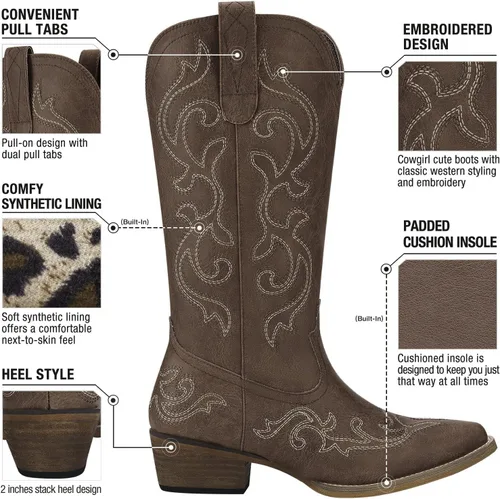Miniatura 3 de HISEA Rollda - Botas vaqueras occidentales para mujer, botas vaqueras con tacón grueso, botas de media pantorrilla para mujer