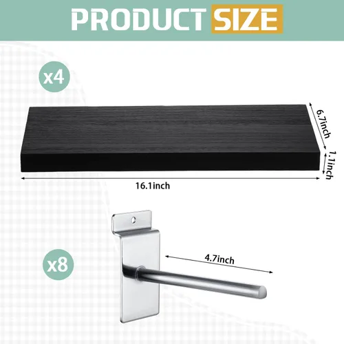 Miniatura 3 de Landical Paquete de 4 estantes de madera de pared de tablones, 16.1 pulgadas de profundidad x 6.7 pulgadas de ancho x 1.1 pulgadas de alto, estantes