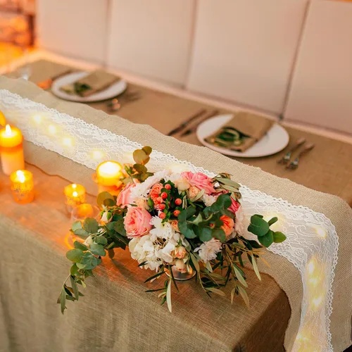 Miniatura 6 de Xinnun 6 piezas de camino de mesa de arpillera con luces de 12 x 108 pulgadas, camino de mesa de encaje de arpillera, decoración rústica de boda