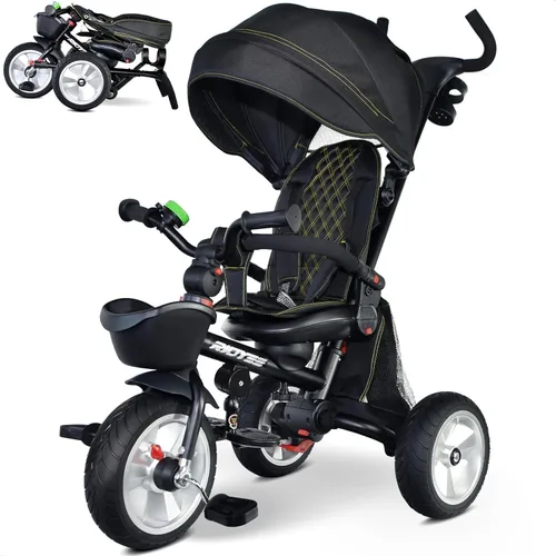 RIDYEE 7-en-1 Triciclo plegable para niños pequeños de 18 meses a 5 años, cochecito triciclo con frenos duales, neumático de goma todo terreno,