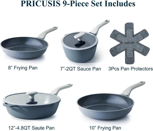 Miniatura 2 de PRICUSIS Juego de ollas y sartenes antiadherentes, 9 piezas de utensilios de cocina antiadherentes de cerámica no tóxica, sartén saludable