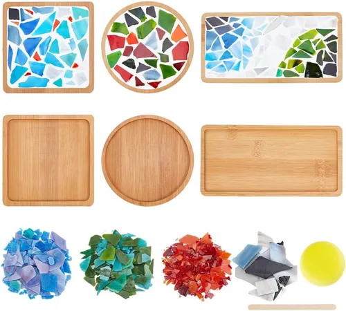 Miniatura 9 de WEBEEDY Juego de 3 posavasos de mosaico para manualidades, kits de mosaico de colores mixtos de vidrio con posavasos de bambú para adultos