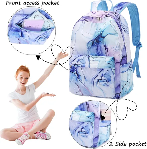 Miniatura 5 de Jumpopack Mochila escolar para adolescentes y niñas, mochila con lonchera, mochilas para niños para escuela primaria, bolsa de libros (azul mármol)