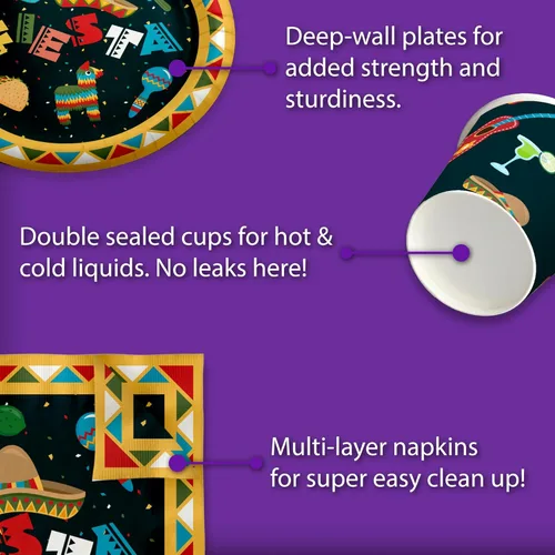 Miniatura 5 de Suministros de fiesta temática mexicana - Juego de platos de tacos con servilletas y tazas Kit para 16