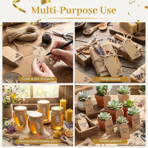Miniatura 2 de Koogel 100 etiquetas de papel kraft con cuerda, etiquetas de regalo para bodas, bebés y despedidas de soltera