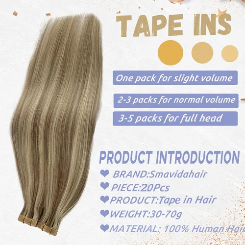 Miniatura 5 de Extensiones de cabello humano rubio con cinta, reflejos rubio ceniza y rubio platino, extensiones de cabello rubio platinado, cinta adhesiva