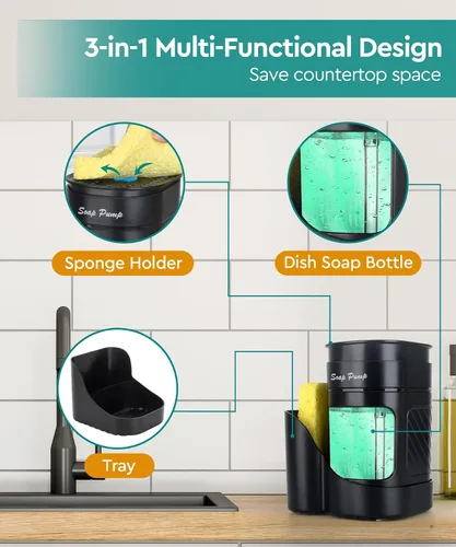 Miniatura 2 de Dispensador de jabón para platos 3 en 1 con soporte de esponja para fregadero de cocina (incluye una esponja), juego de dispensador de jabón de Negro