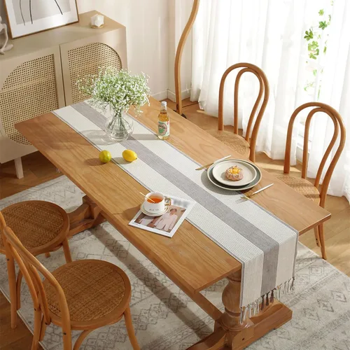 Miniatura 3 de Hsvanyr Camino de mesa gris rústico rectangular con exquisita borla para cocina, comedor, picnic, mesa de café, 13 x 63 pulgadas, a prueba de polvo