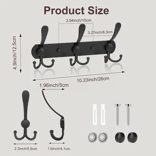 Miniatura 2 de YUNISS Perchero montado en la pared, 3 ganchos triangulares de acero inoxidable para abrigos, sombreros, batas, toallas en recibidor y entrada Negro