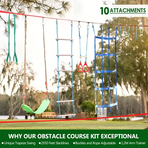 Miniatura 2 de Dripex - Carrera de obstáculos ninja warrior de 50 pies para niño con accesorios completos, columpio, trapecio, escalera de cuerda, red