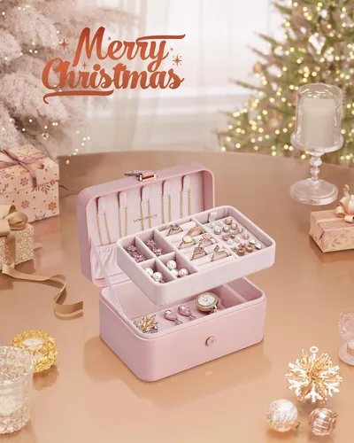 Miniatura 18 de SONGMICS Caja organizadora de joyas, estuche de viaje de 2 capas para aretes, collares, pulseras, almacenamiento portátil de joyas con gran Verde