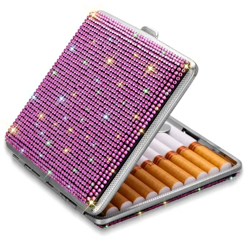 Miniatura 10 de SAVORI Estuche de cigarrillos para mujeres y hombres, soporte de cigarrillos de metal con cristales brillantes de doble cara, caja de cigarrillos AB