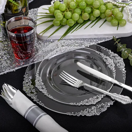Miniatura 2 de Morejoy 350 platos de plástico plateado transparente, los juegos de platos desechables plateados incluyen 50 platos llanos, 50 platos de ensalada