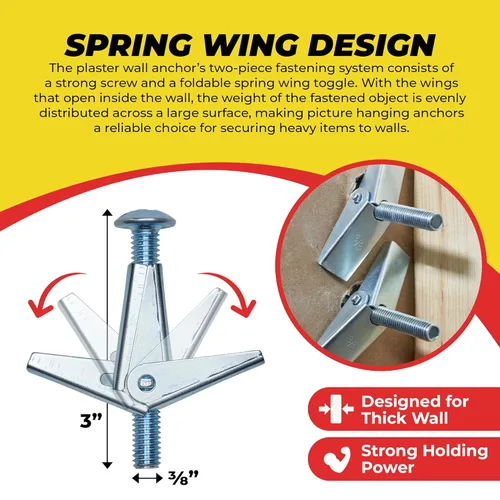 Miniatura 4 de QUALIHOME Anclajes de perno de resorte – Anclajes de pared resistentes para colgar artículos con paredes huecas y más – Anclaje de pared hueco