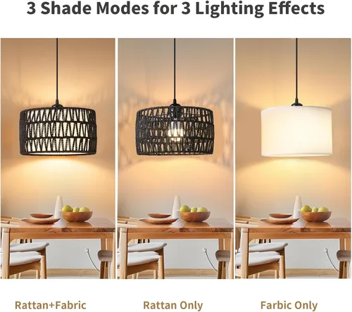 Miniatura 3 de Lámpara colgante enchufable, luces colgantes de ratán con cable enchufable, pantalla tejida y de tela 2 en 1, lámpara colgante enchufable para Negro