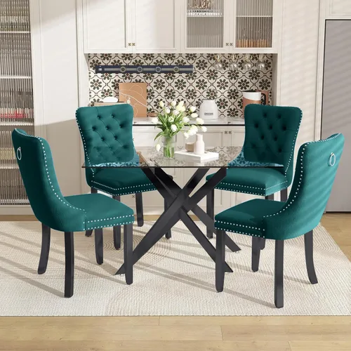 Miniatura 25 de Juego de mesa de comedor de 51 pulgadas de vidrio para 4, mesa de cocina rectangular de vidrio con 4 sillas tapizadas con acentos de terciopelo