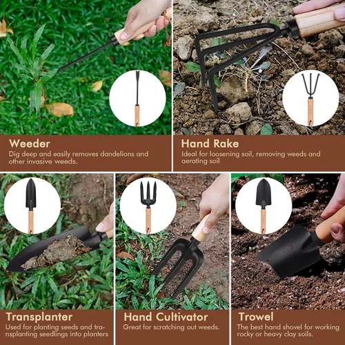 Miniatura 4 de YAUNGEL Herramientas de jardín - Juego de 10 herramientas de jardín de acero inoxidable resistente, herramientas de mano con mango de madera, bolsa
