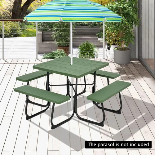 Miniatura 2 de Giantex Juego de mesa de picnic para 8 personas, mesa y banco al aire libre con agujero para paraguas, parte superior de polietileno de alta Verde