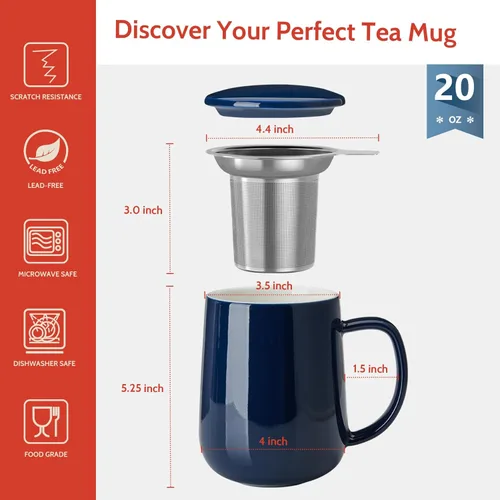 Miniatura 2 de Sweese Taza de té de porcelana de 20 onzas con infusor y tapa, taza de té grande para té suelto, apta para microondas y lavavajillas, aislada, Azul