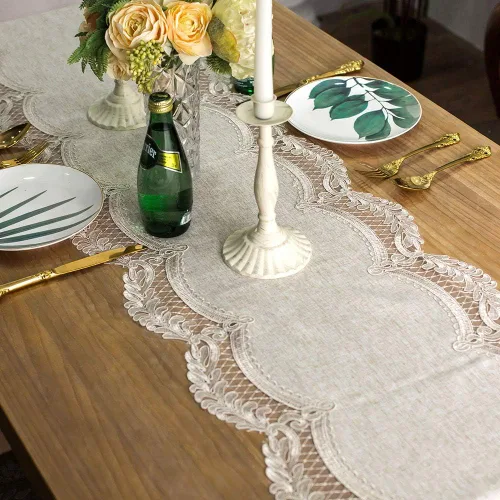 Miniatura 3 de ARTABLE Camino de mesa de encaje rectangular de tela de algodón y lino gris con exquisito bordado de macramé, camino para cómoda, caminos de mesa
