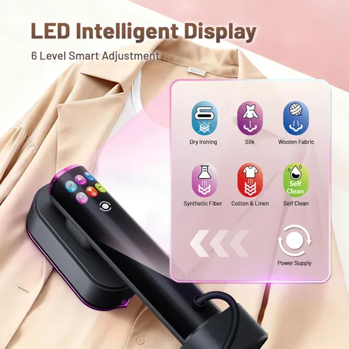 Miniatura 4 de Vaporizador para ropa, vaporizador de ropa 2 en 1 de mano, plancha de viaje, plancha de vapor de 6 niveles de 1200 W con pantalla LED, calentamiento