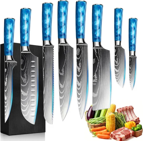 Miniatura 19 de Juego de 10 cuchillos de cocina japoneses de alta calidad, colección Imperial, patrón láser de damasco, acero inoxidable 440A ultra afilado