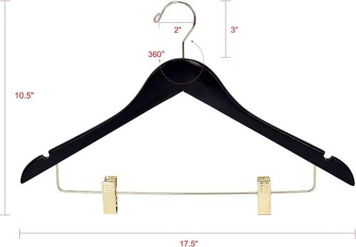 Miniatura 7 de Perchas de madera de calidad para faldas con clips, paquete de 10 perchas lisas de madera maciza para pantalones con clips de metal ajustables