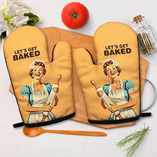Miniatura 2 de Let's Get Baked, Divertidos Guantes de Horno Antideslizantes de Silicona Juego de 2, Guantes Retro para Hornear, Regalo de Cocina para Mujeres
