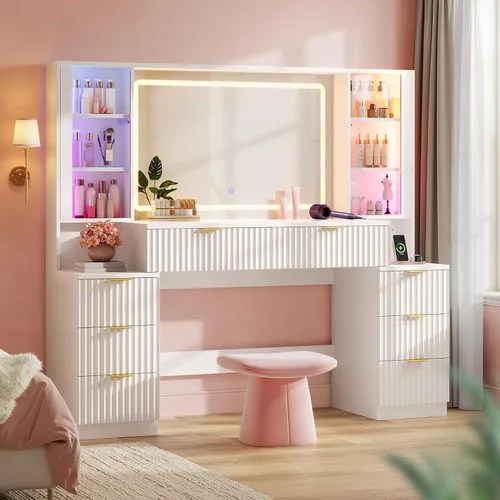Miniatura 13 de HAUOMS Big Vanity, escritorio de maquillaje de madera estriada con espejo y luces LED de sincronización de sonido, tocador grande, 8 cajones, Roble