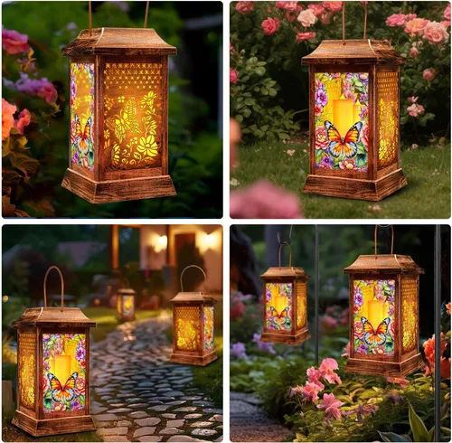 Miniatura 8 de Linternas solares de mariposa al aire libre impermeables, luces colgantes de metal y vidrio para decoración de jardín, regalos de cumpleaños