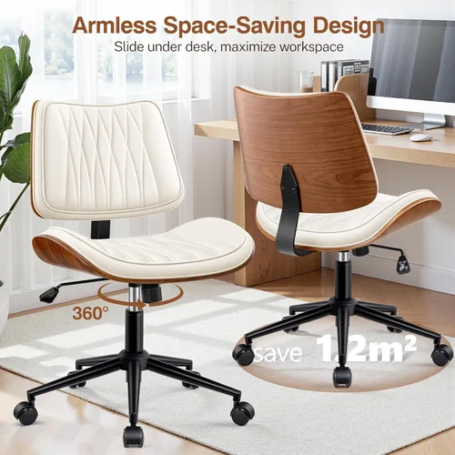 Miniatura 4 de Silla ergonómica de escritorio de oficina sin brazos, de piel sintética blanca moderna de mediados de siglo con costuras de diamante, silla Blanco