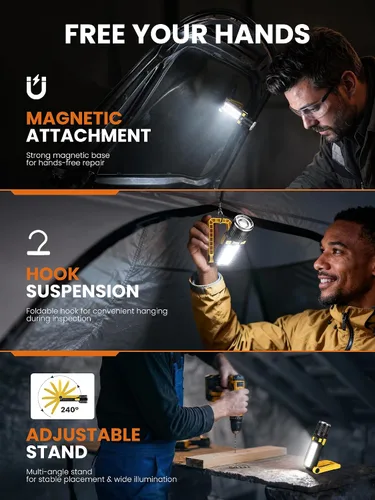 Miniatura 4 de Luz de trabajo magnética LED recargable, luces de trabajo portátiles, 7 modos de linterna con gancho giratorio de 360° y mosquetón, carga USB