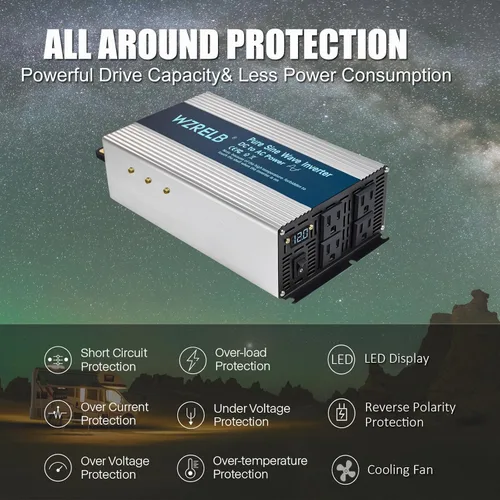 Miniatura 5 de WZRELB Inversor de Onda Sinusoidal Pura de 1800W, 12V DC a 110V 120V AC Convertidor de Energía con Pantalla LED, Inversor de Energía Portátil Fuera