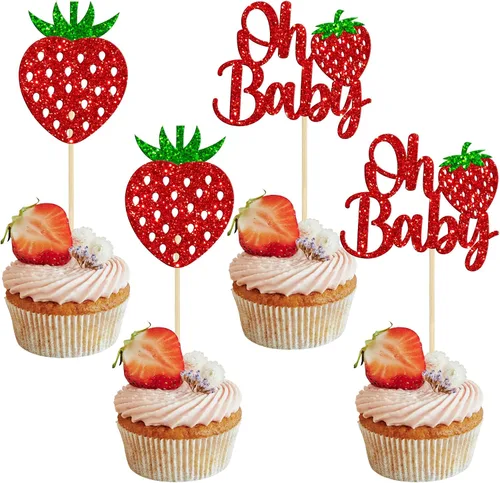 Miniatura 9 de Ephlyn Paquete de 24 adornos dorados para cupcakes Sweet Oh Baby de fresa, para baby shower, cumpleaños, cumpleaños, cupcakes, suministros de fiesta