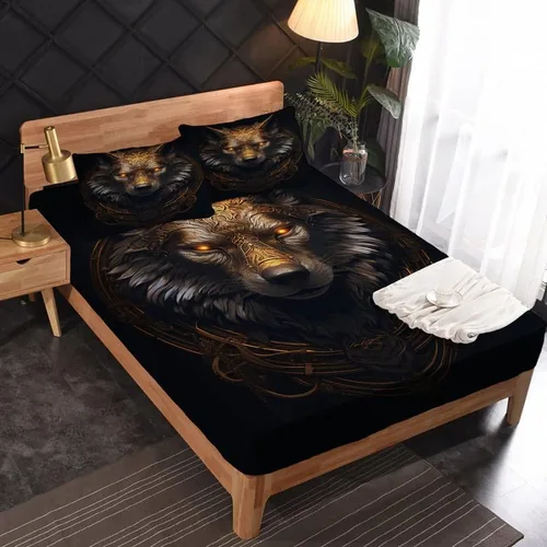 Miniatura 2 de Juego de sábanas Queen – Sábanas de cama de lobo, sábanas y fundas de almohada de color negro y dorado, microfibra suave, bolsillo profundo y sin